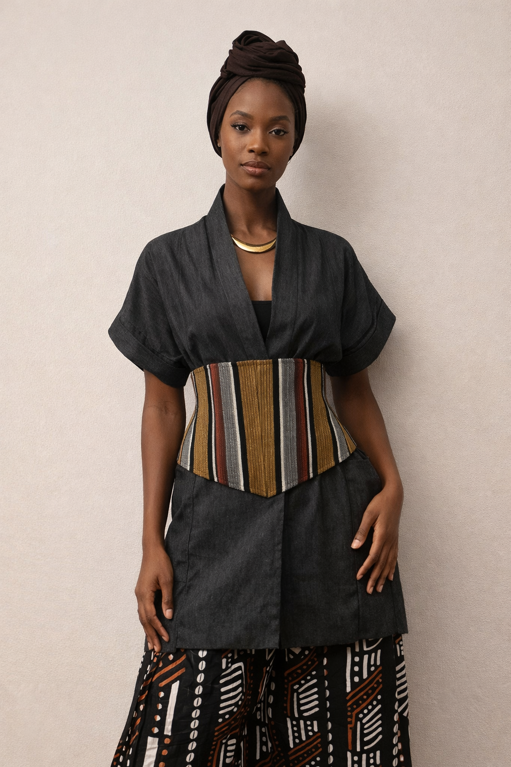 Woman wearing a dark wrap dress styled with a structured Aso Oke corset belt, creating a defined waist silhouette.