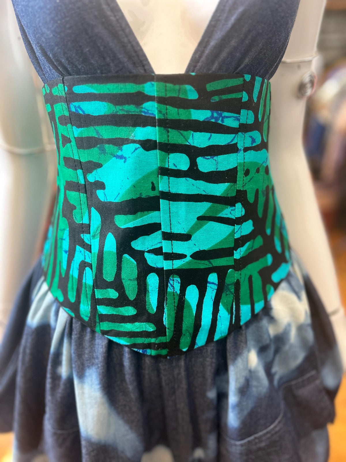 Turquoise and black African print corset belt with lace-up back, view 5