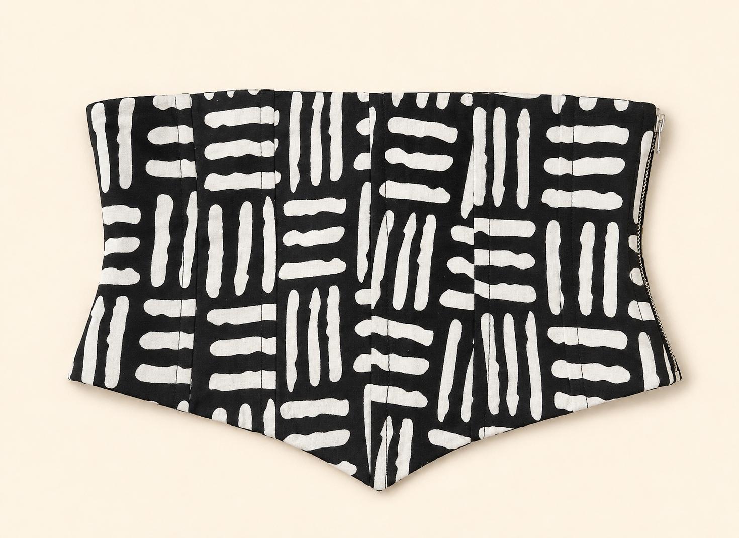 Black and white African print corset belt with lace-up back, view 7