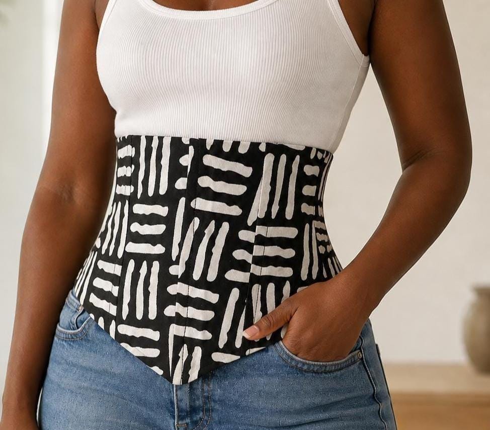 Black and white African print corset belt with lace-up back, view 3