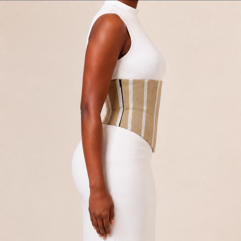 Beige and white Aso Oke corset belt with lace-up back, view 3