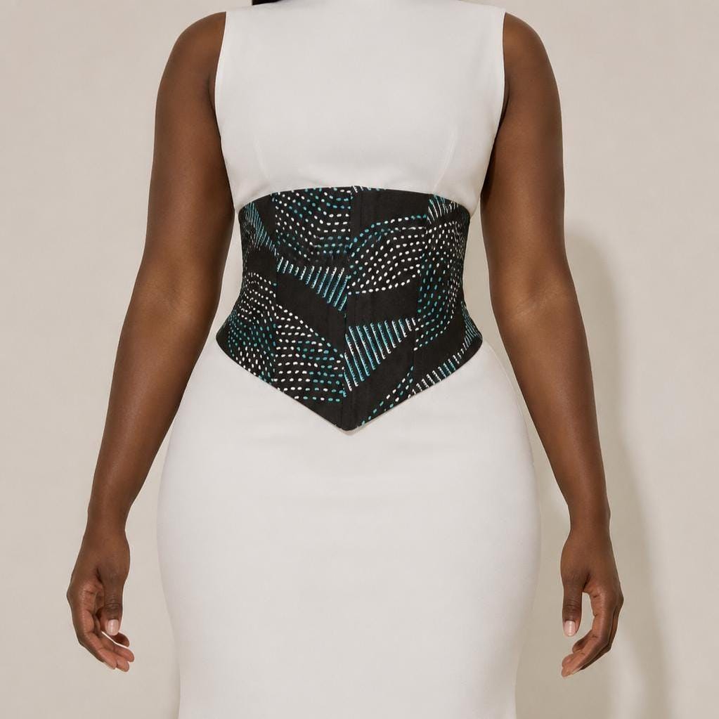 Turquoise, black and white African print corset belt with lace-up back, view 2