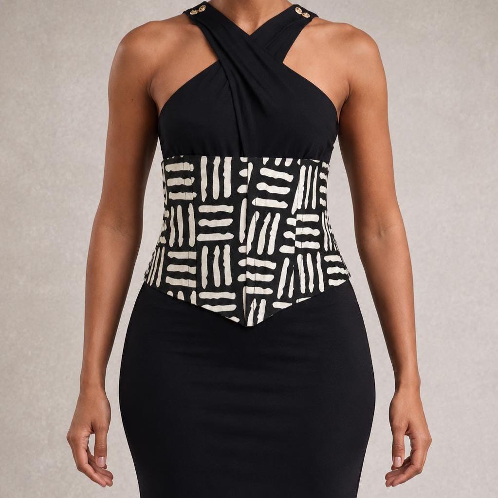 Black and white African print corset belt with lace-up back, view 2