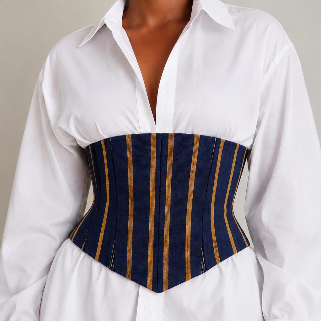 Navy and mustard-gold Aso Oke corset belt with lace-up back