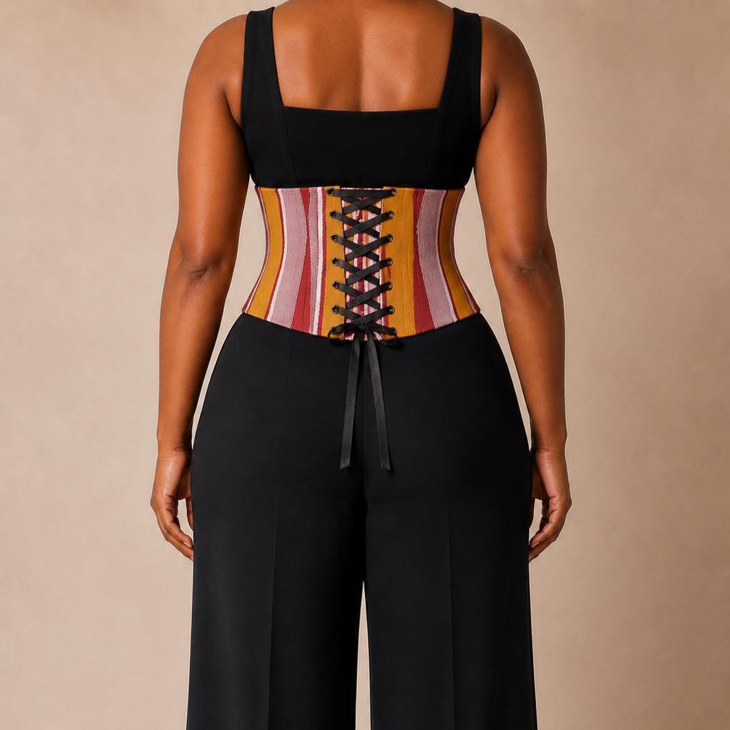 Mustard, burgundy and white Aso Oke corset belt worn over a white shirt, view 8