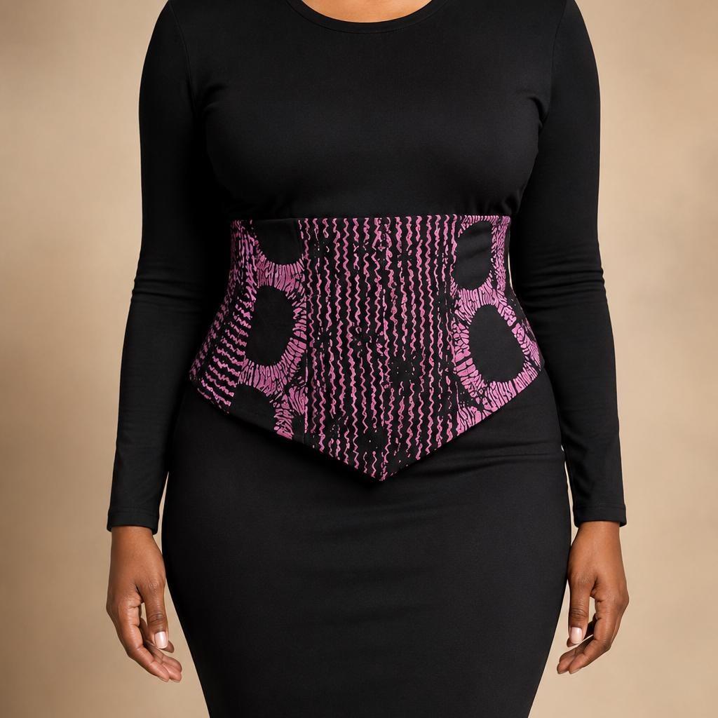 Pink and black African print corset belt with lace-up back, view 2
