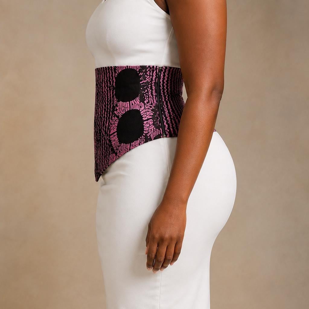 Pink and black African print corset belt with lace-up back, view 3