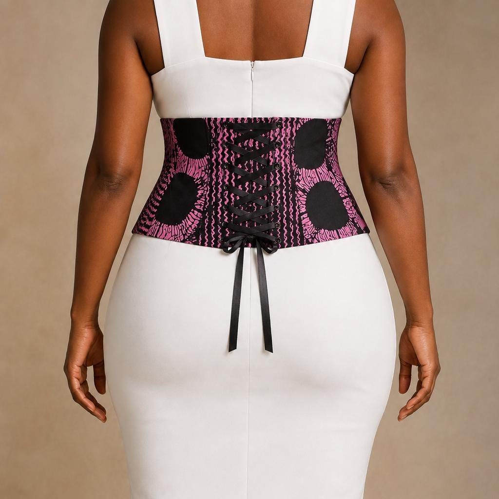 Pink and black African print corset belt with lace-up back, view 5
