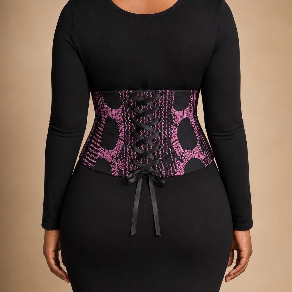 Pink and black African print corset belt with lace-up back, view 6