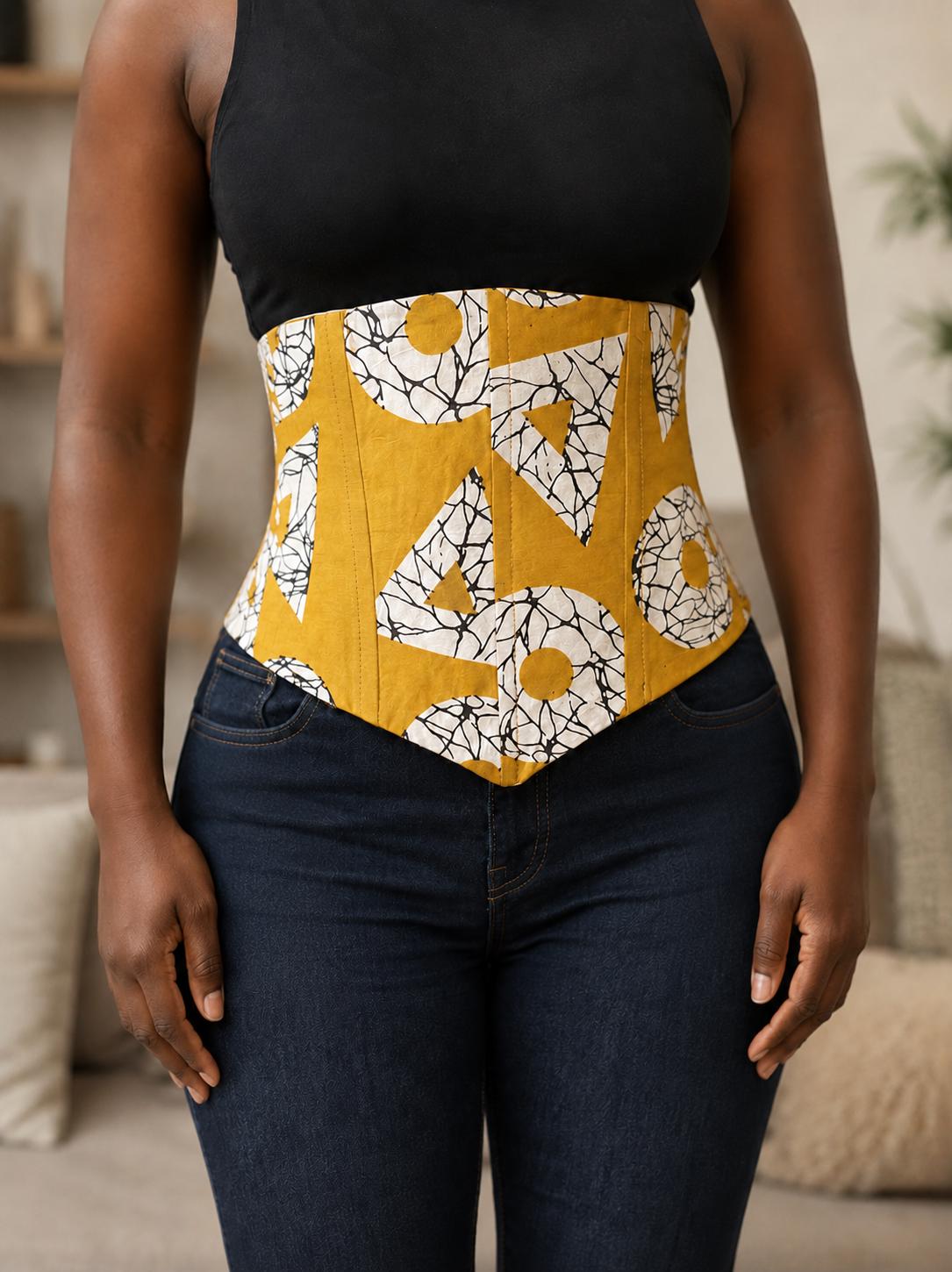 Mustard, black and white African print corset belt with lace-up back, view 4