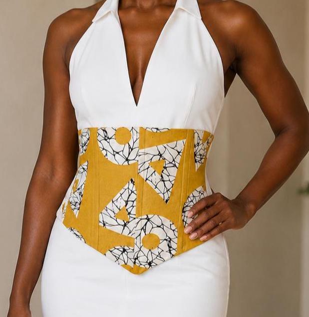 Mustard, black and white African print corset belt with lace-up back, view 2