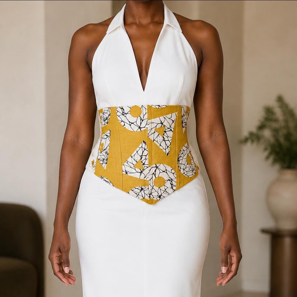 Mustard, black and white African print corset belt with lace-up back