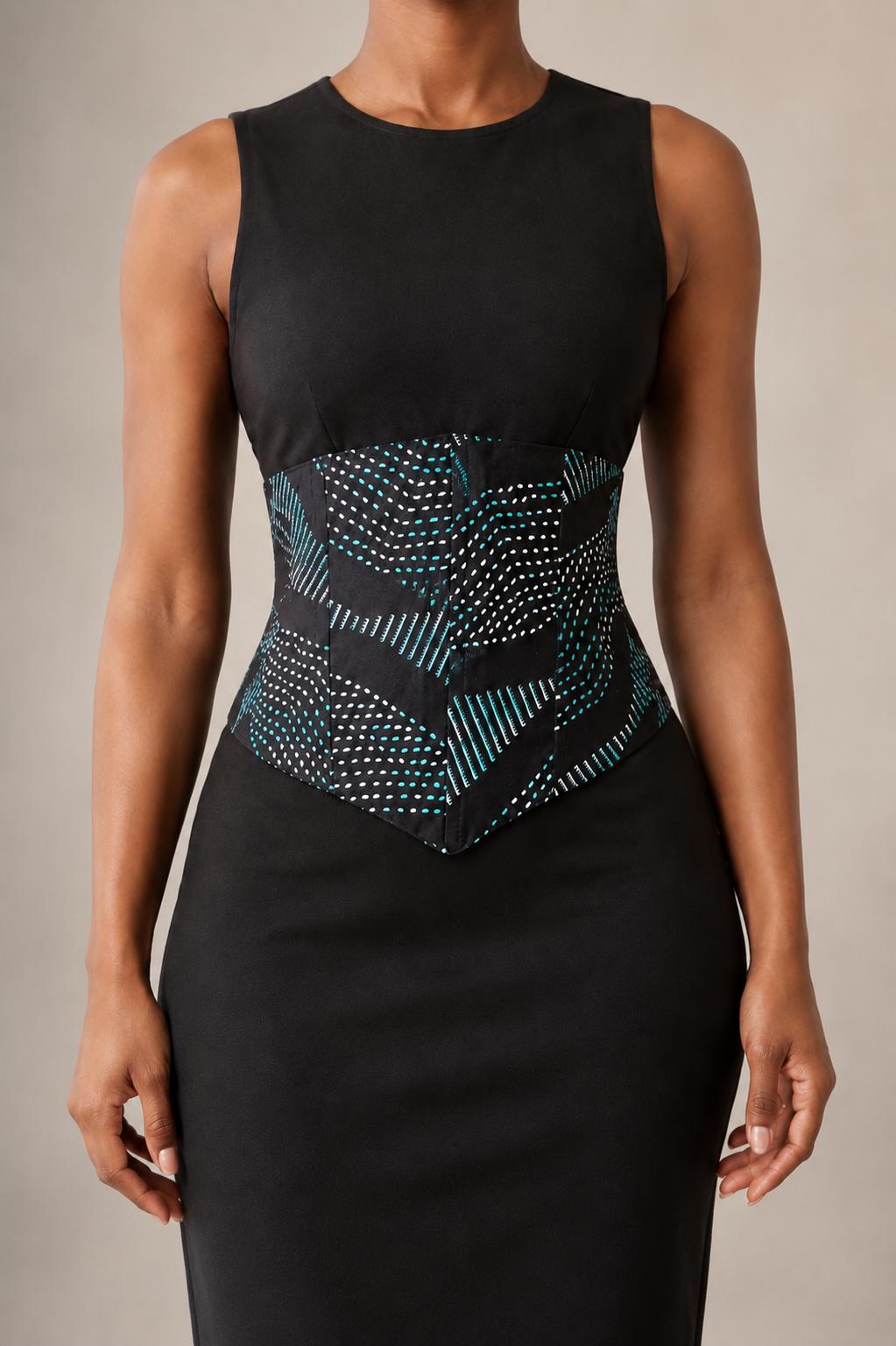 Turquoise, black and white African print corset belt with lace-up back