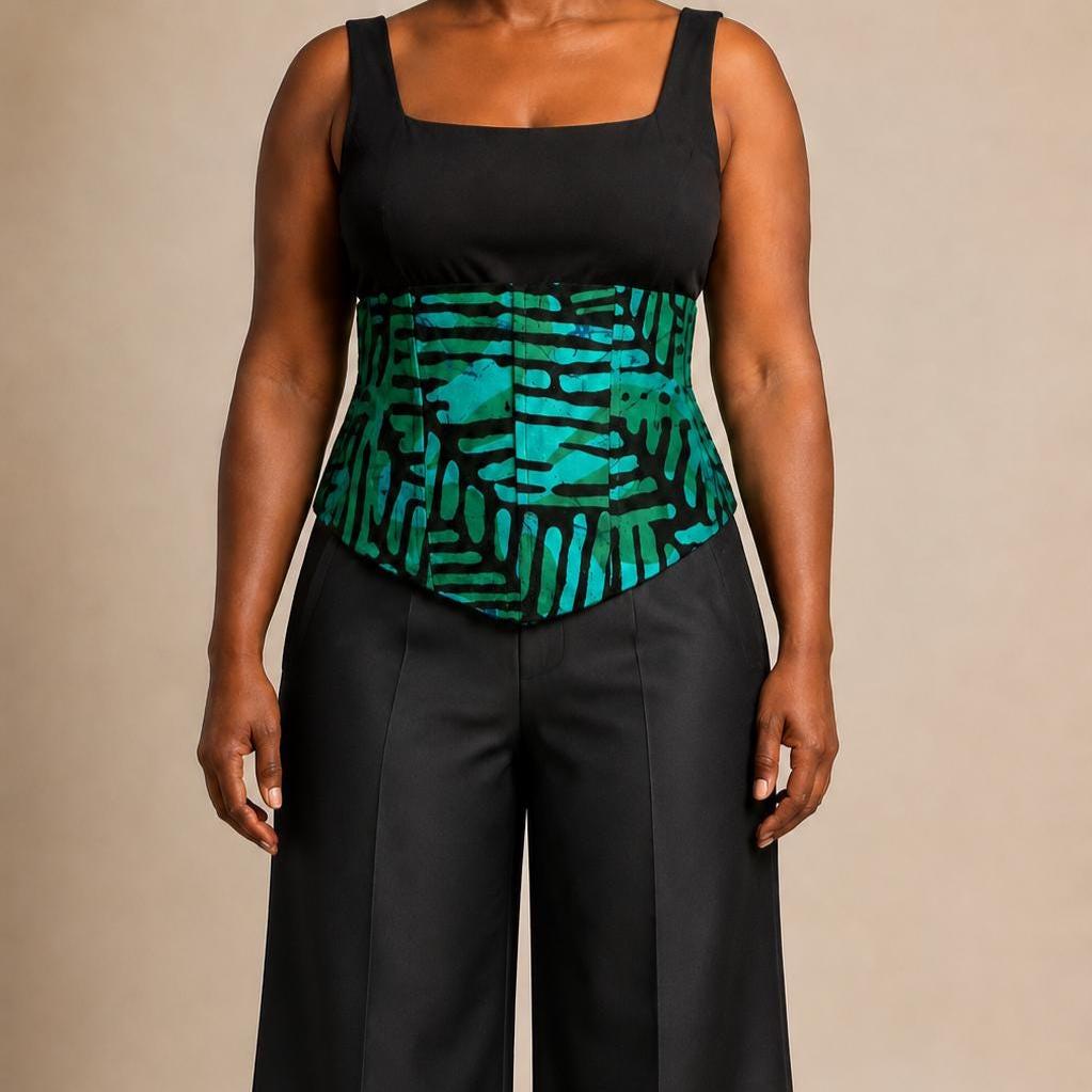 Turquoise and black African print corset belt with lace-up back