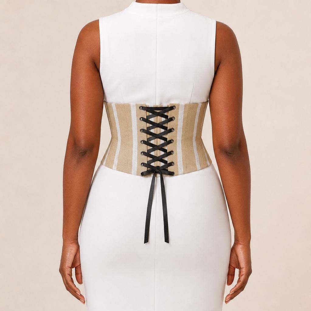 Beige and white Aso Oke corset belt with lace-up back, view 4