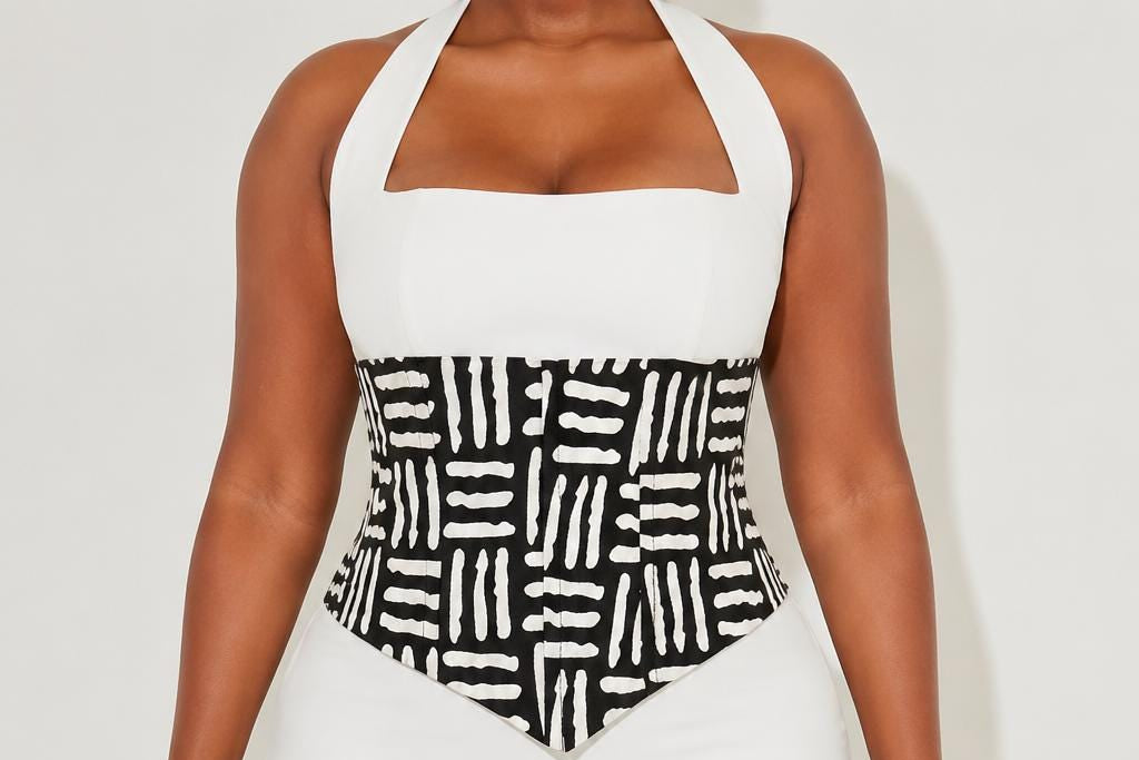 Black and white African print corset belt with lace-up back, view 11