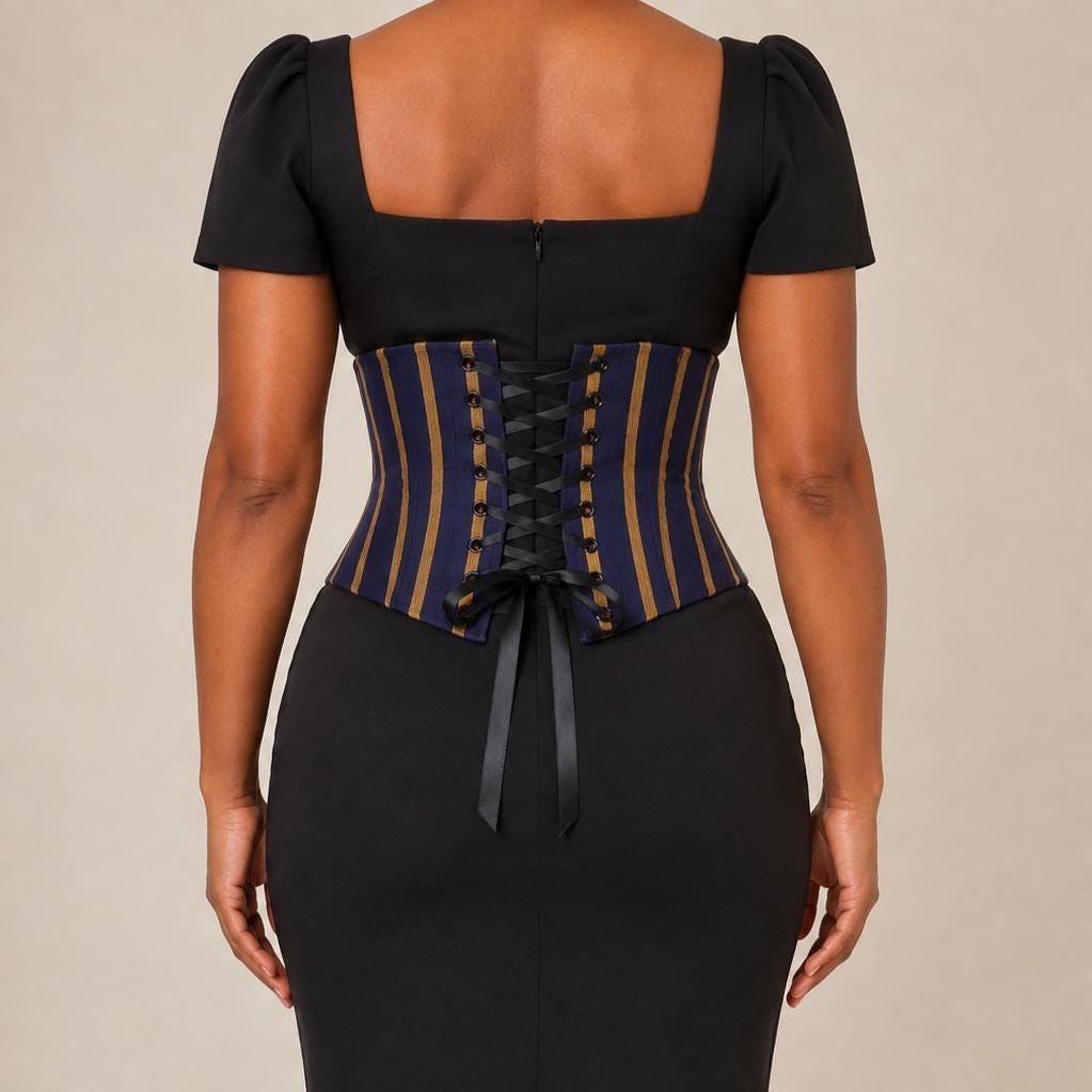 Navy and mustard-gold Aso Oke corset belt with lace-up back, view 7