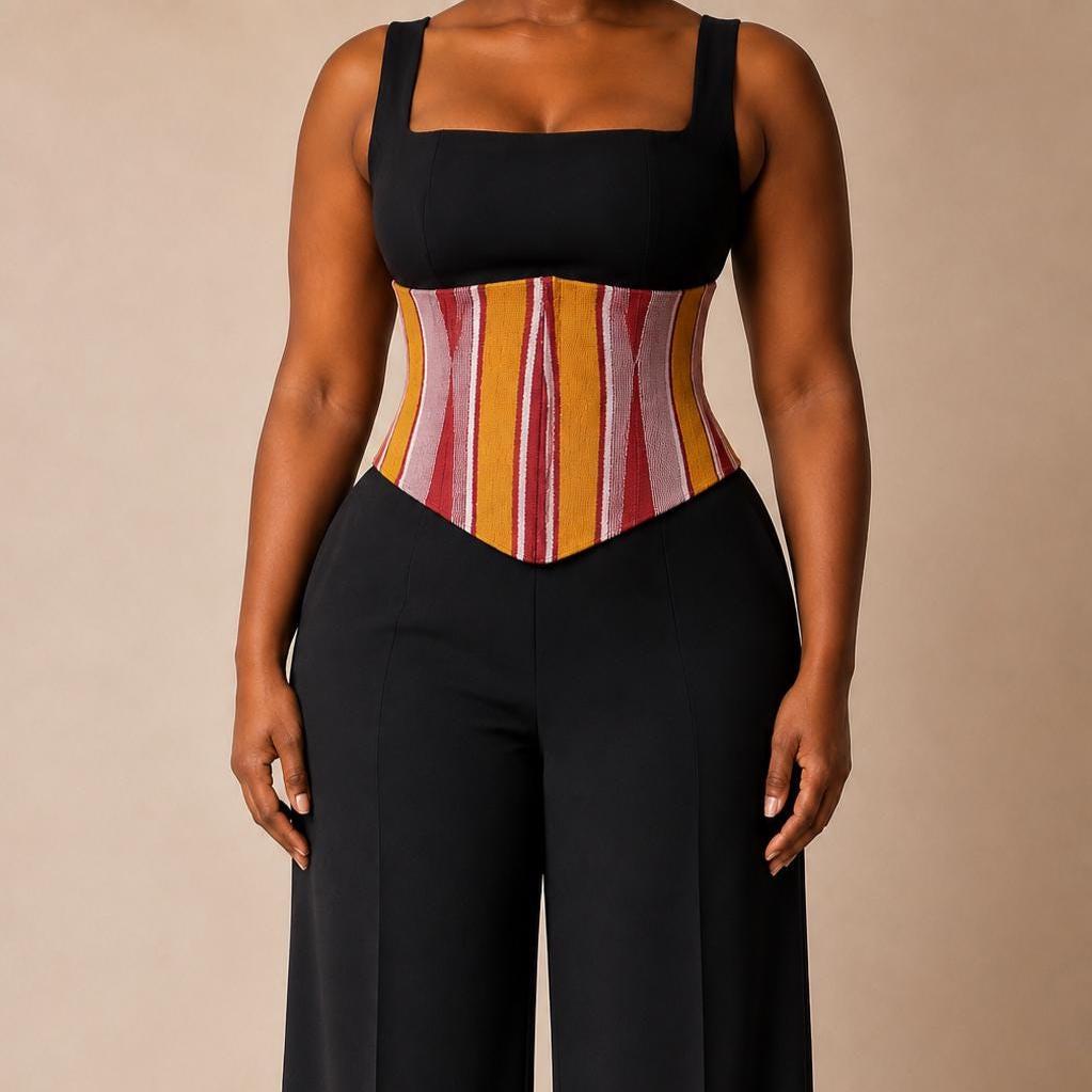 Mustard, burgundy and white Aso Oke corset belt worn over a white shirt, view 7