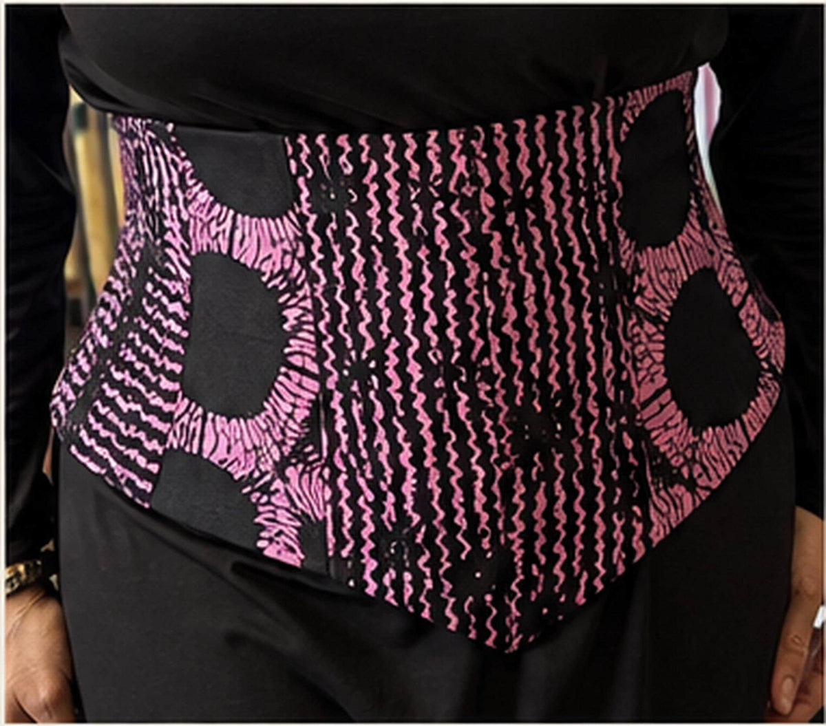 Pink and black African print corset belt with lace-up back, view 7