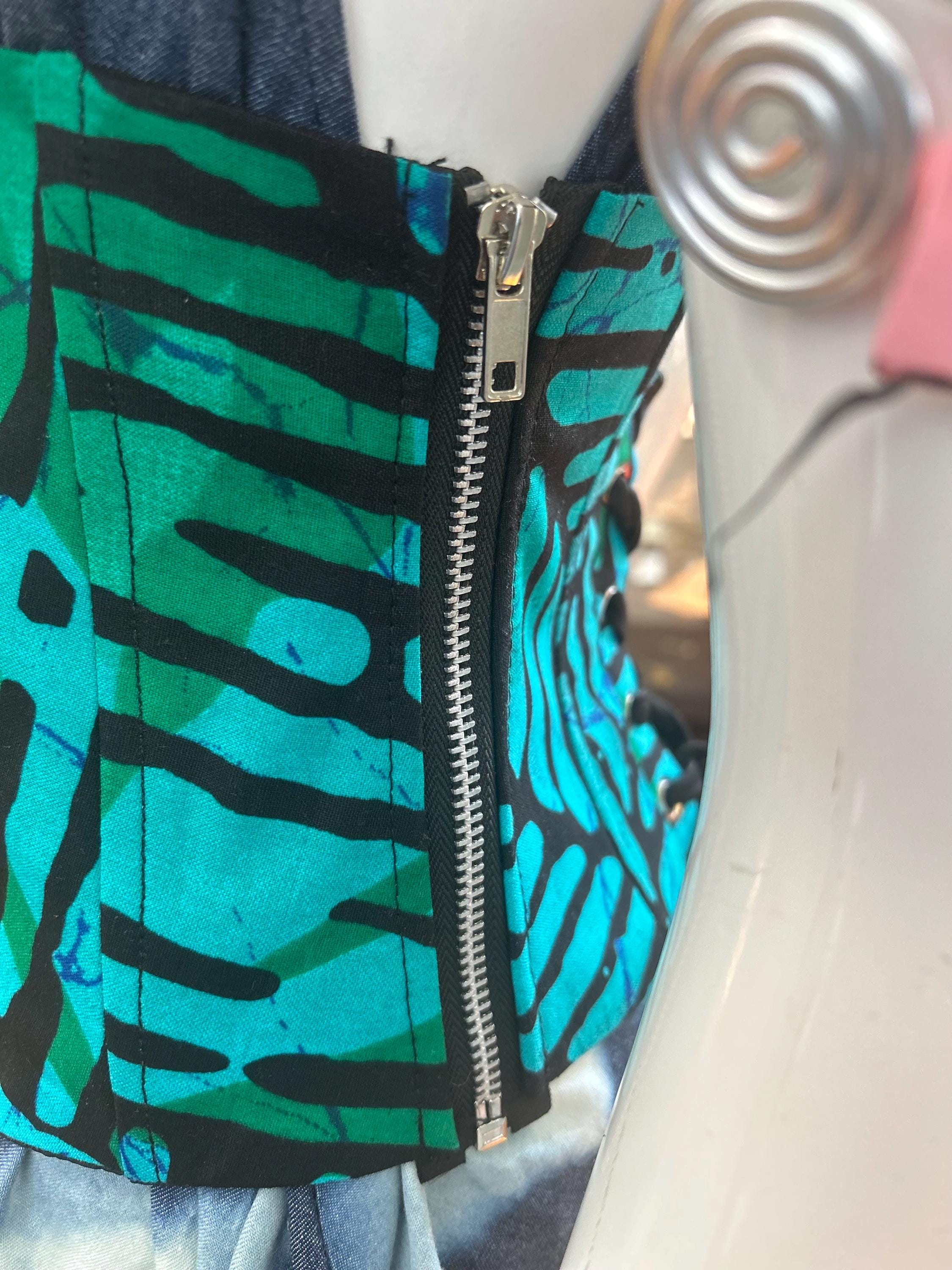 Turquoise and black African print corset belt with lace-up back, view 4