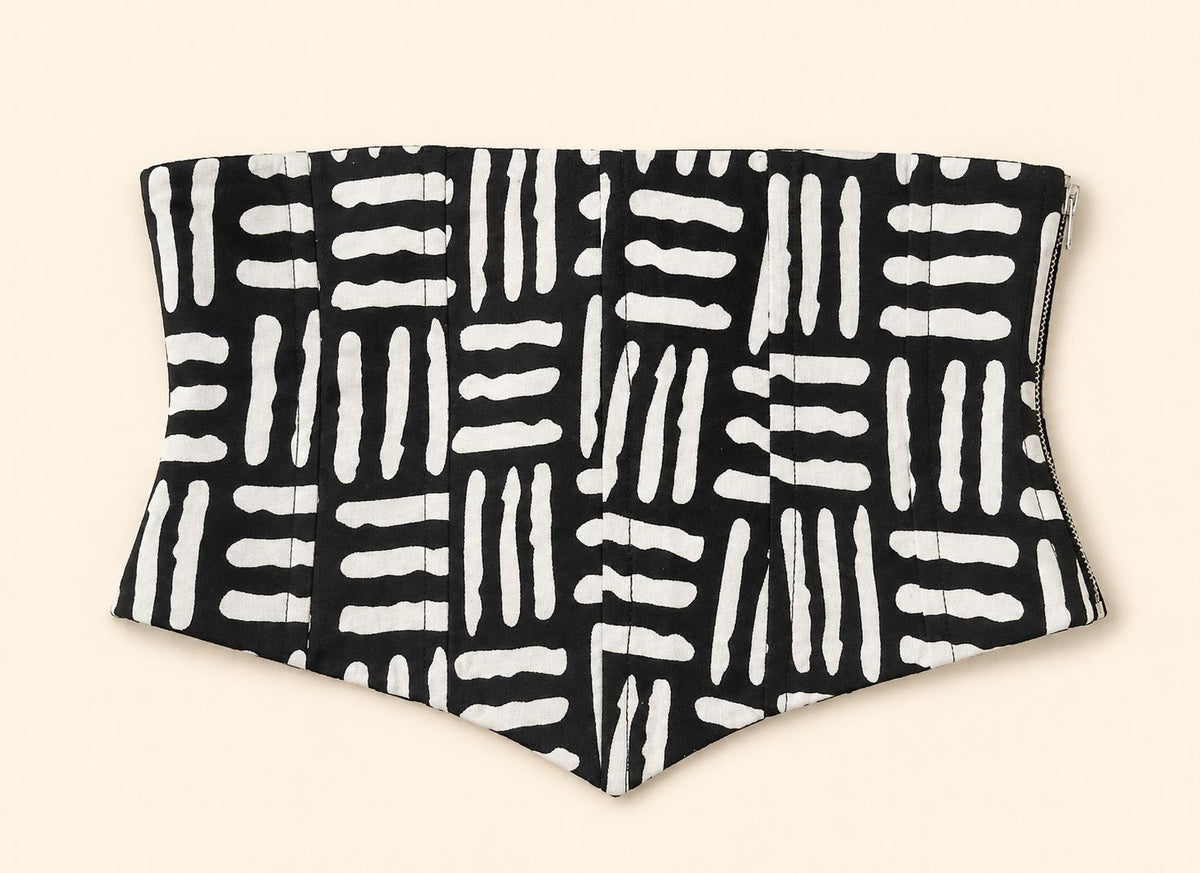 Black and white African print corset belt with lace-up back, view 7