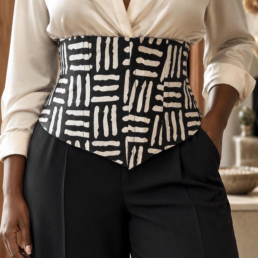 Black and white African print corset belt with lace-up back, view 4