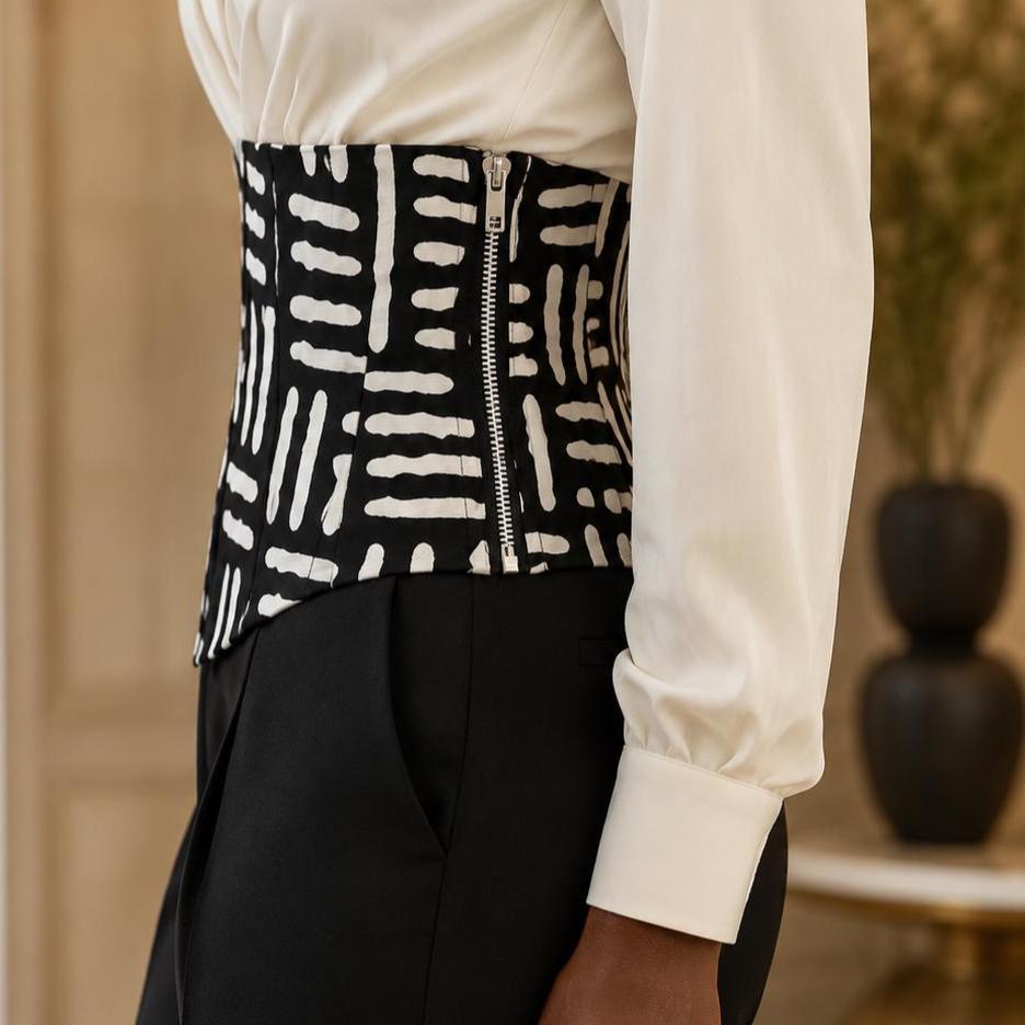 Black and white African print corset belt with lace-up back, view 5
