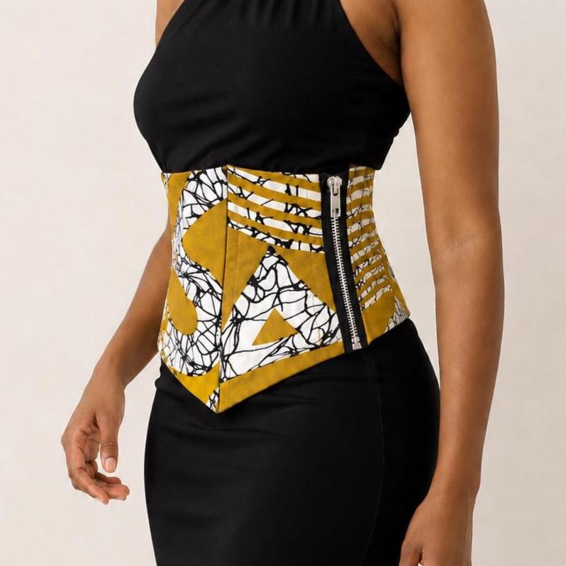 Mustard, black and white African print corset belt with lace-up back, view 3