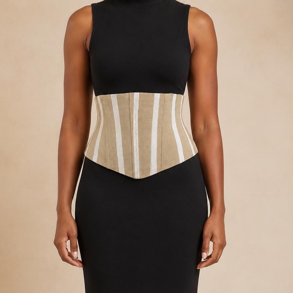 Beige and white Aso Oke corset belt with lace-up back, view 5