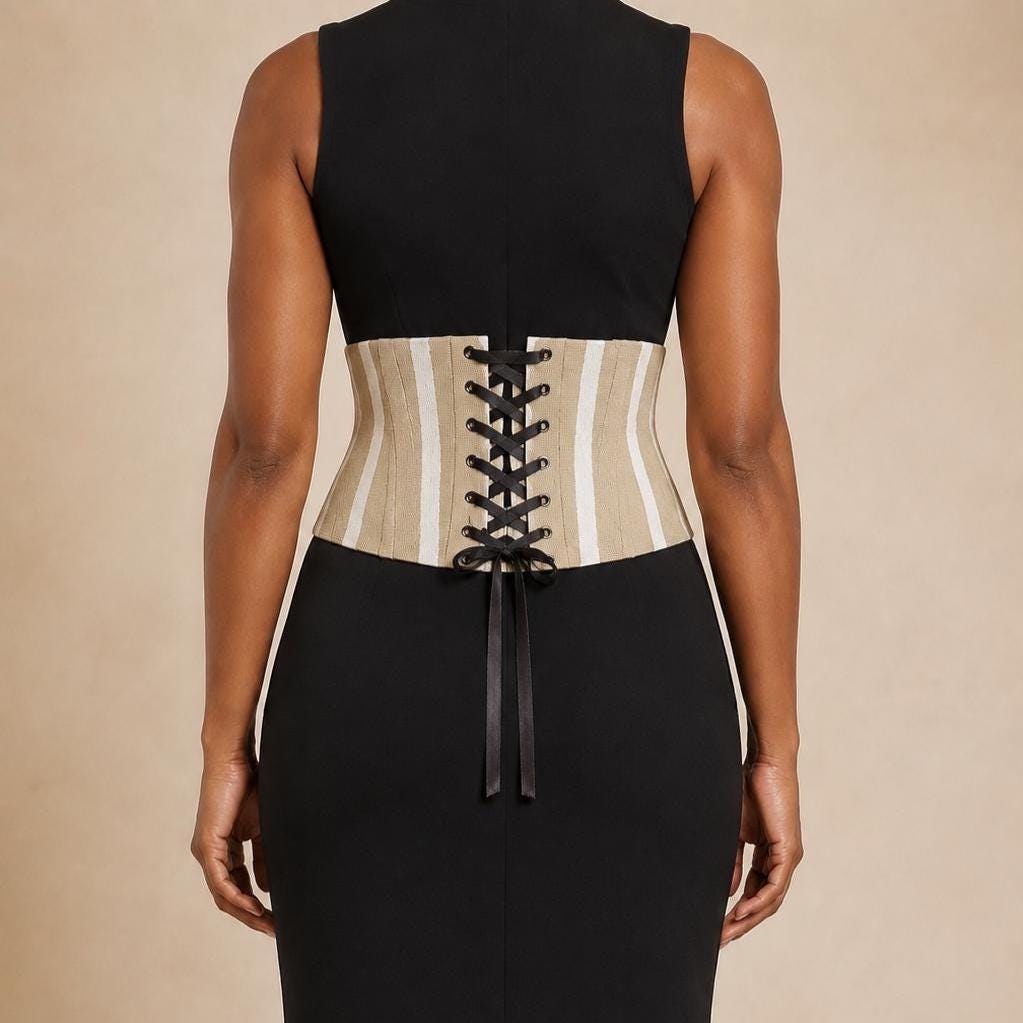Beige and white Aso Oke corset belt with lace-up back, view 7