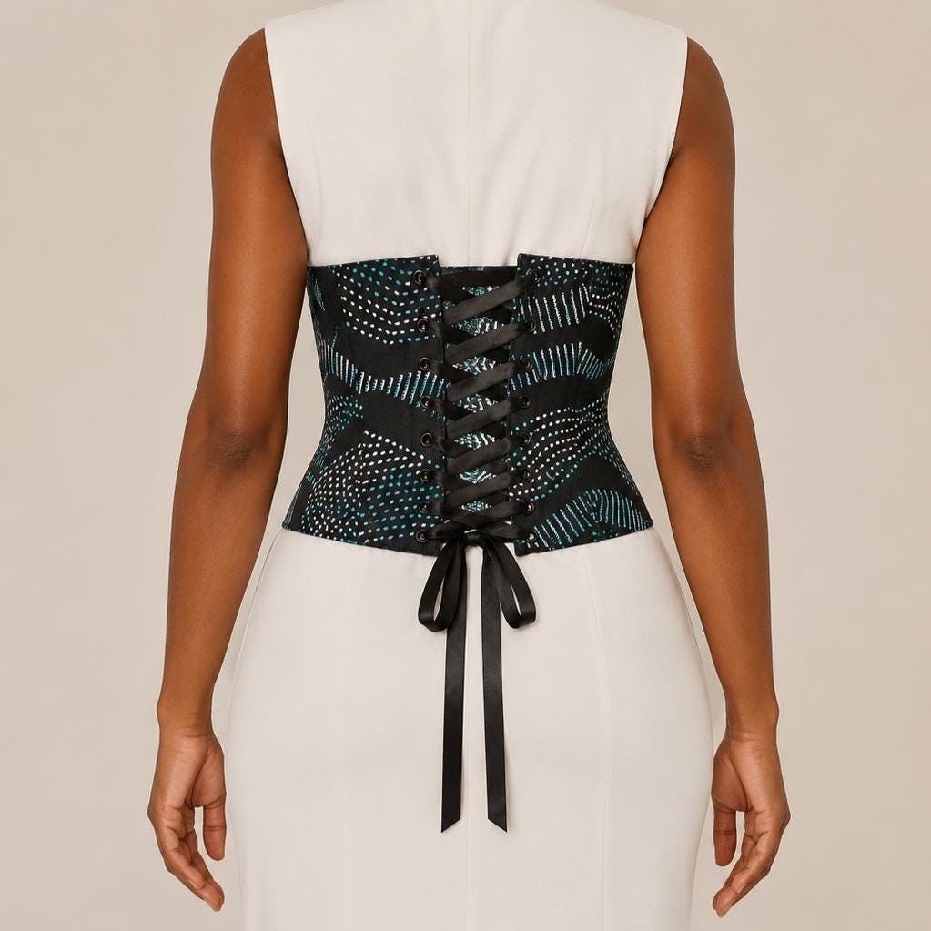 Turquoise, black and white African print corset belt with lace-up back, view 3