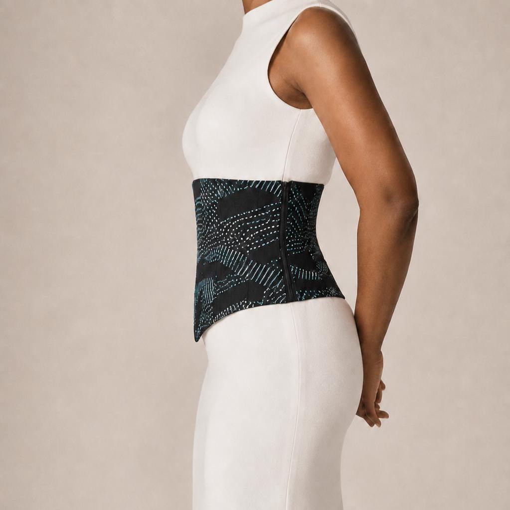 Turquoise, black and white African print corset belt with lace-up back, view 5