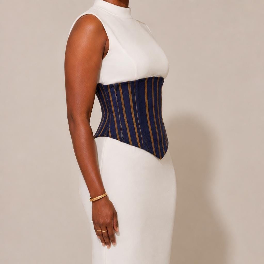 Navy and mustard-gold Aso Oke corset belt with lace-up back, view 4