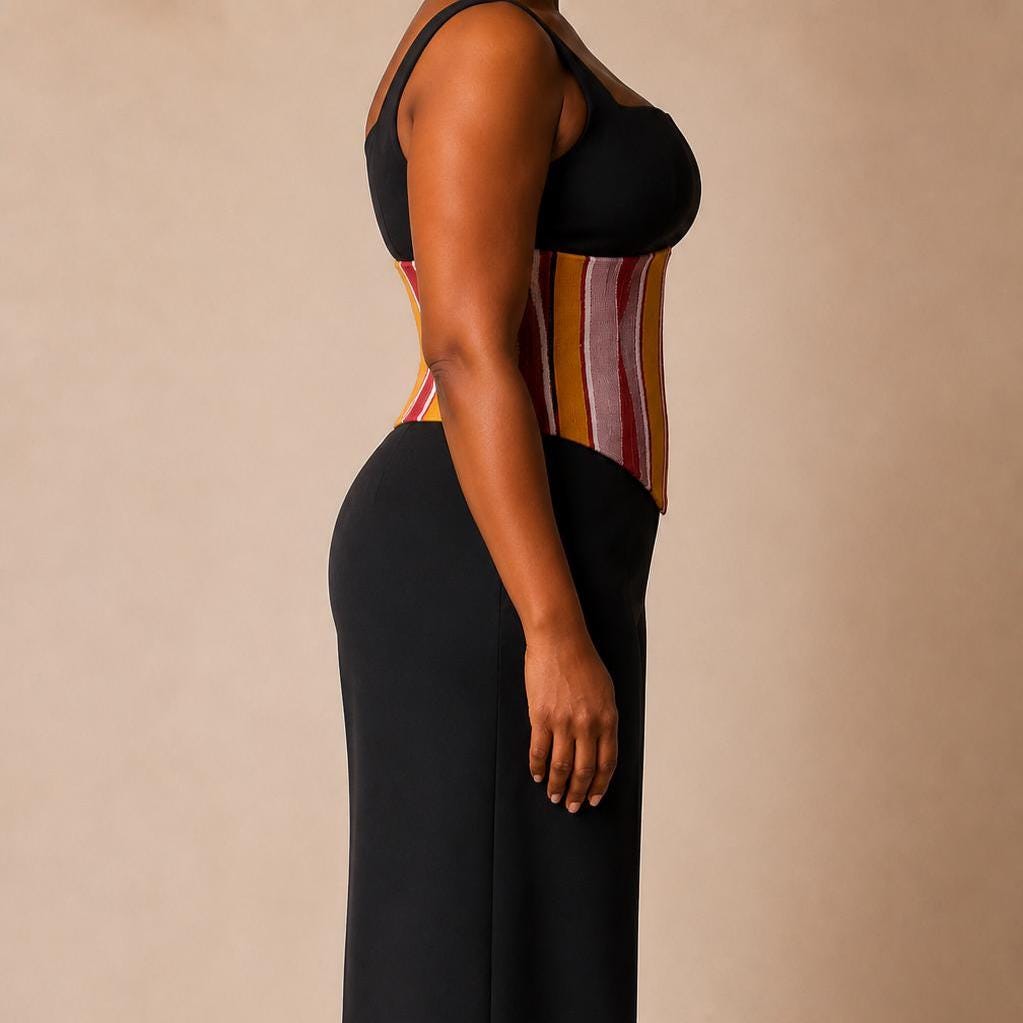 Mustard, burgundy and white Aso Oke corset belt worn over a white shirt, view 9