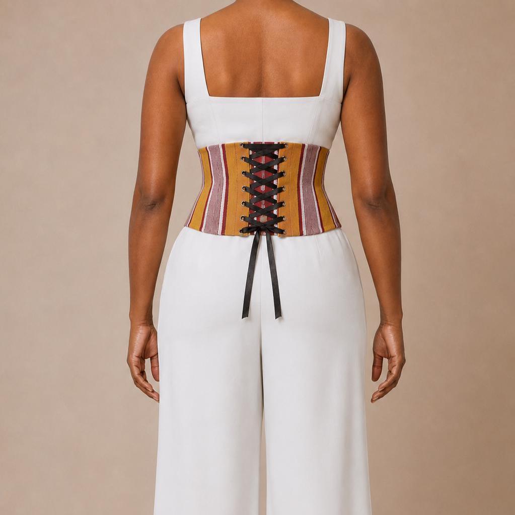 Mustard, burgundy and white Aso Oke corset belt worn over a white shirt, view 5