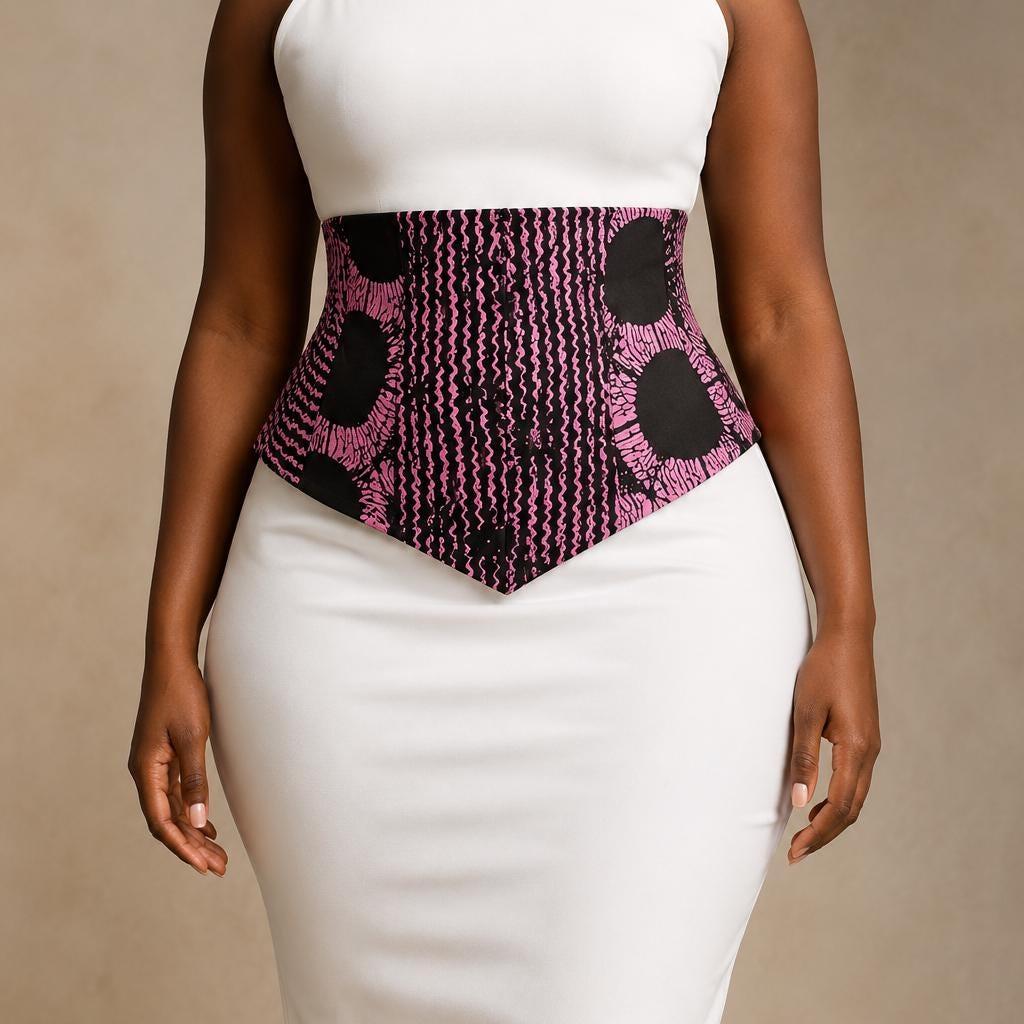 Pink and black African print corset belt with lace-up back