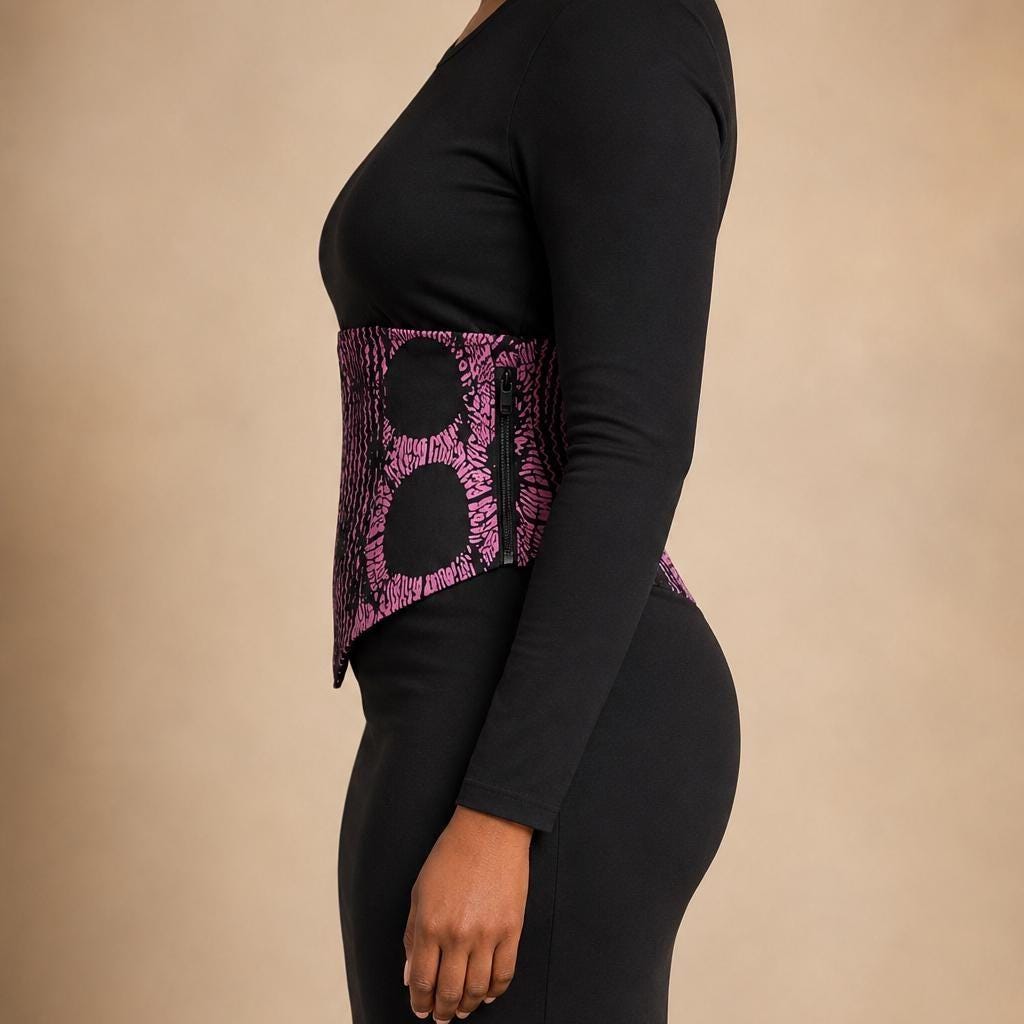 Pink and black African print corset belt with lace-up back, view 4