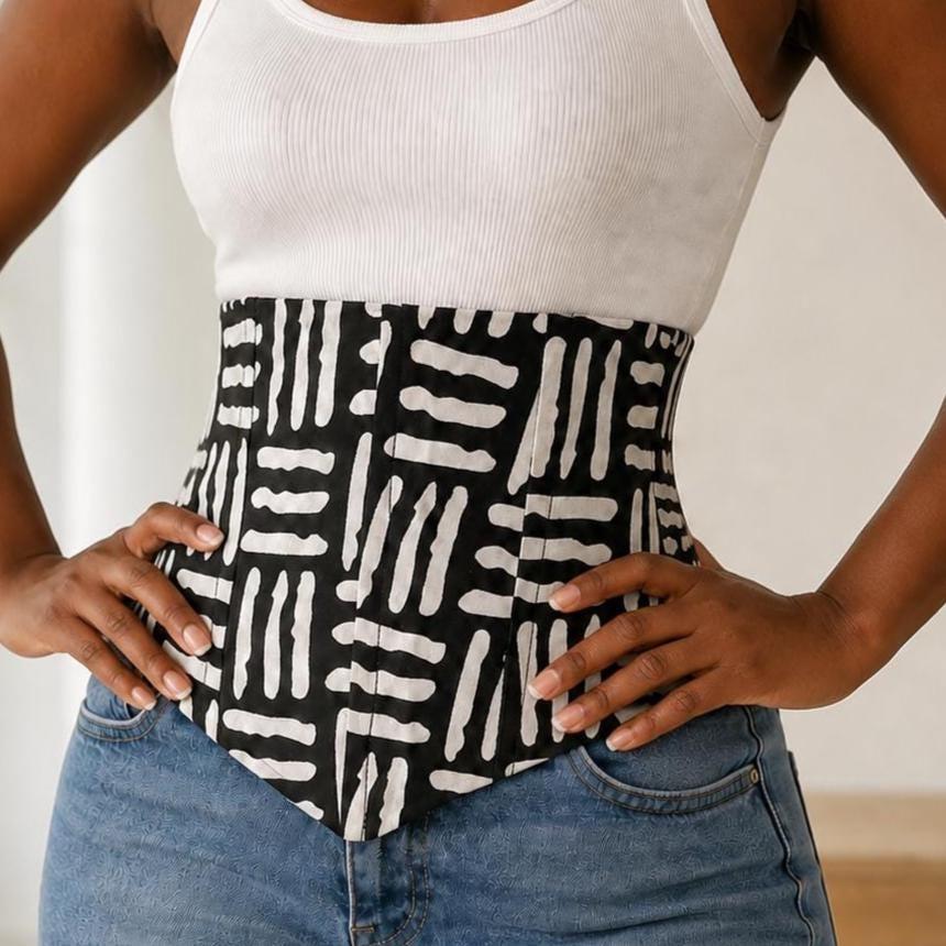 Black and white African print corset belt with lace-up back, view 9