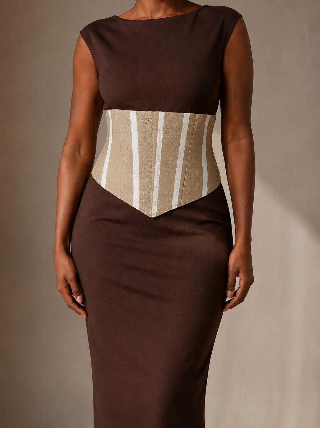 Beige and white Aso Oke corset belt with lace-up back
