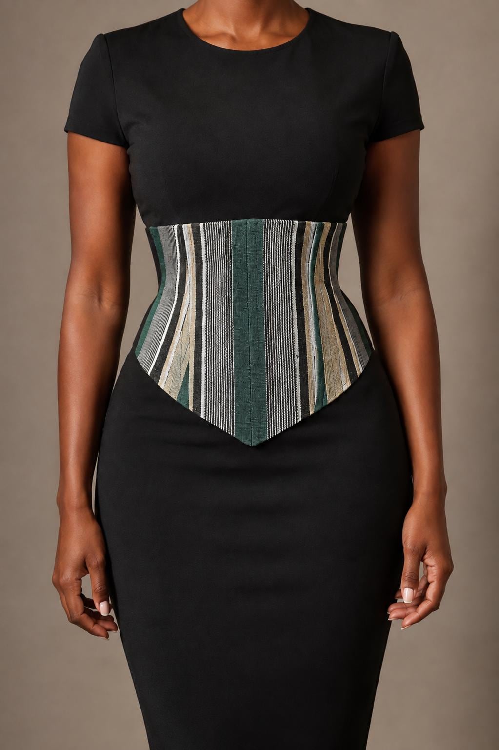 Black, white and green Aso Oke corset belt with lace-up back