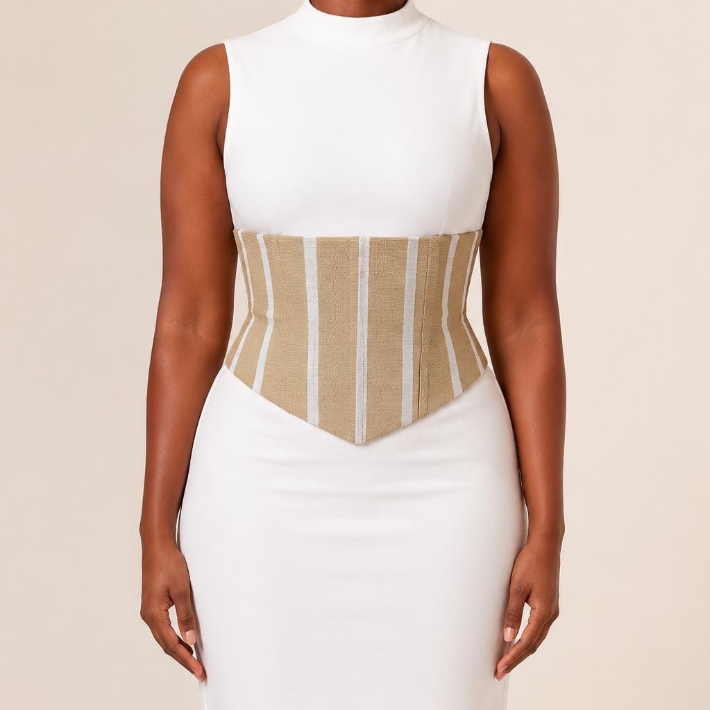 Beige and white Aso Oke corset belt with lace-up back, view 2