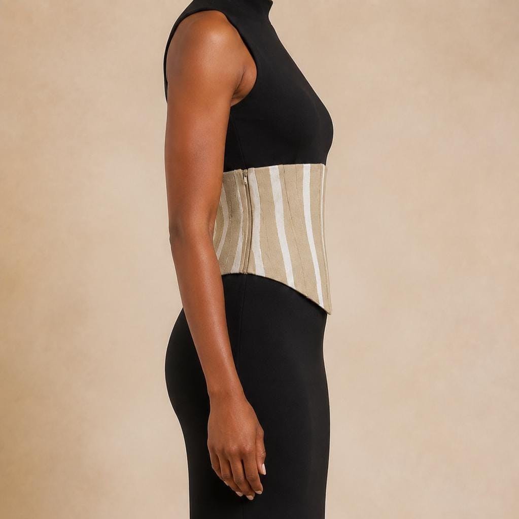 Beige and white Aso Oke corset belt with lace-up back, view 6