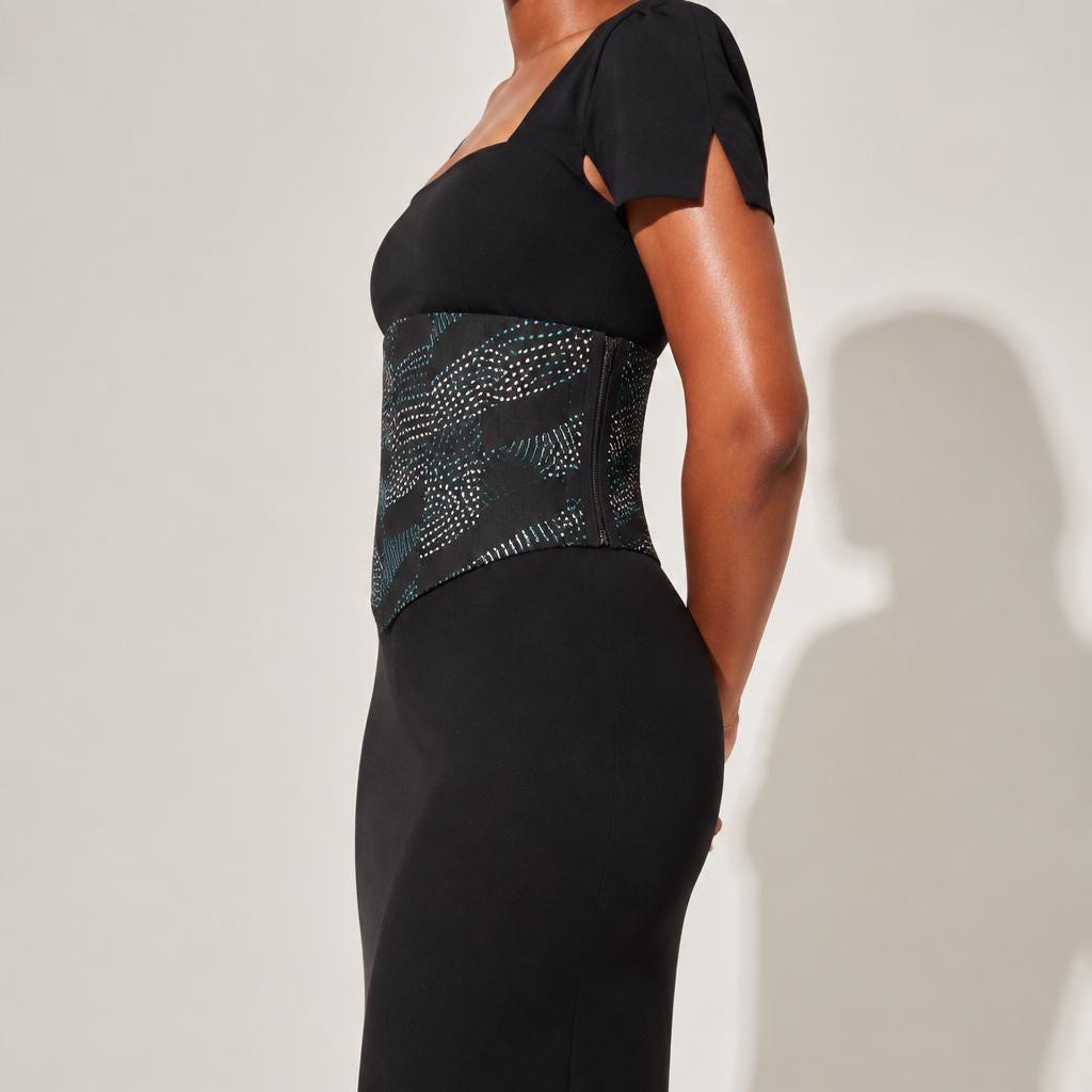 Turquoise, black and white African print corset belt with lace-up back, view 4