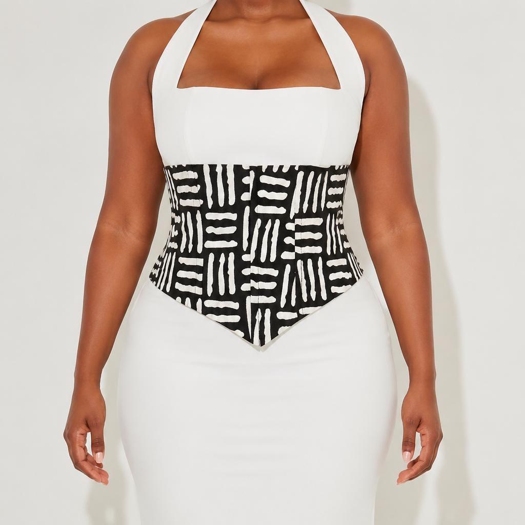 Black and white African print corset belt with lace-up back