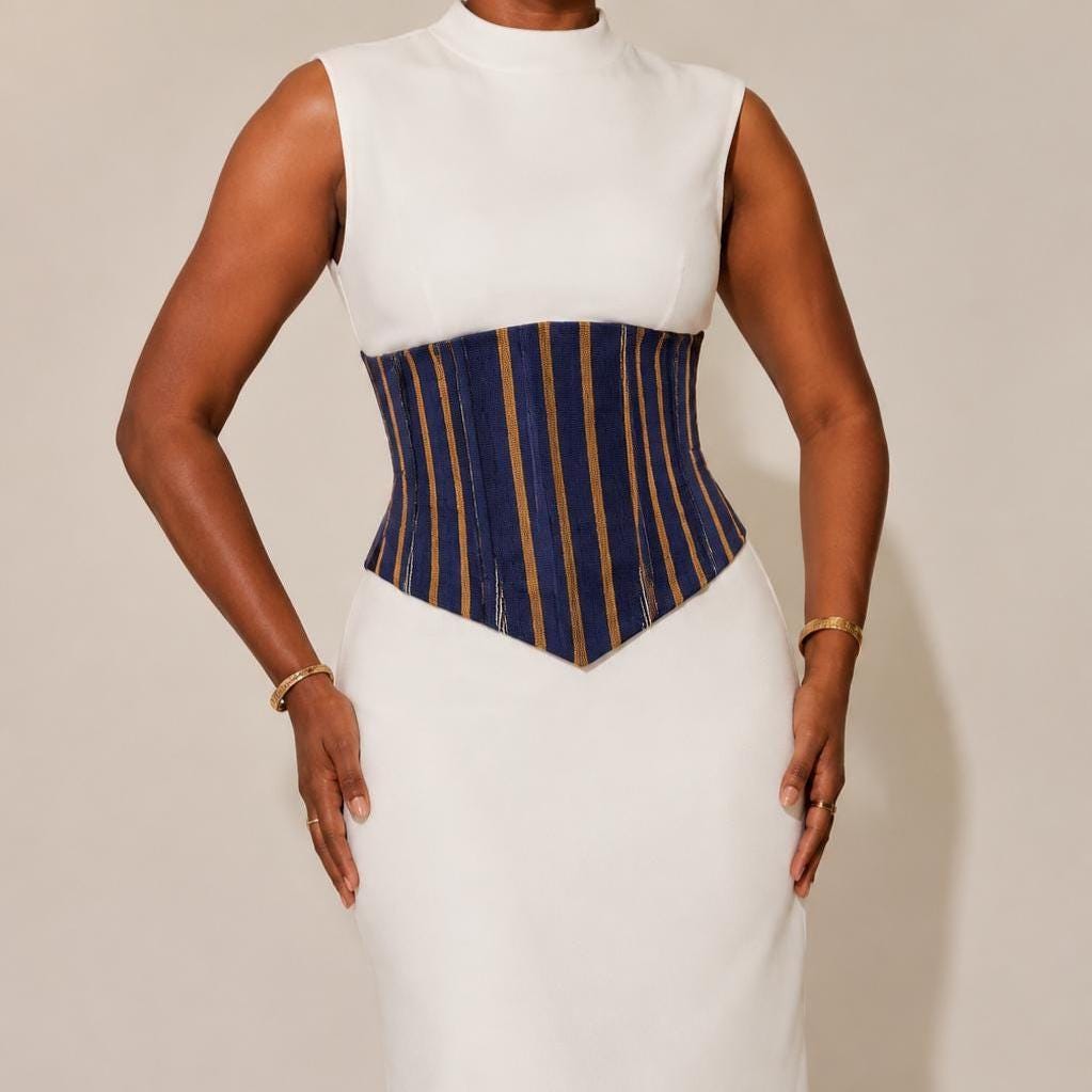 Navy and mustard-gold Aso Oke corset belt with lace-up back, view 2