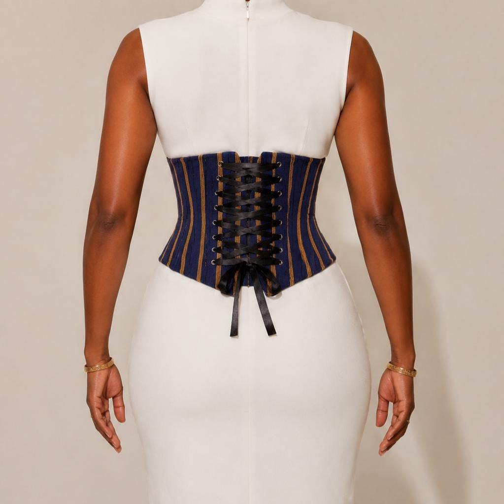 Navy and mustard-gold Aso Oke corset belt with lace-up back, view 3