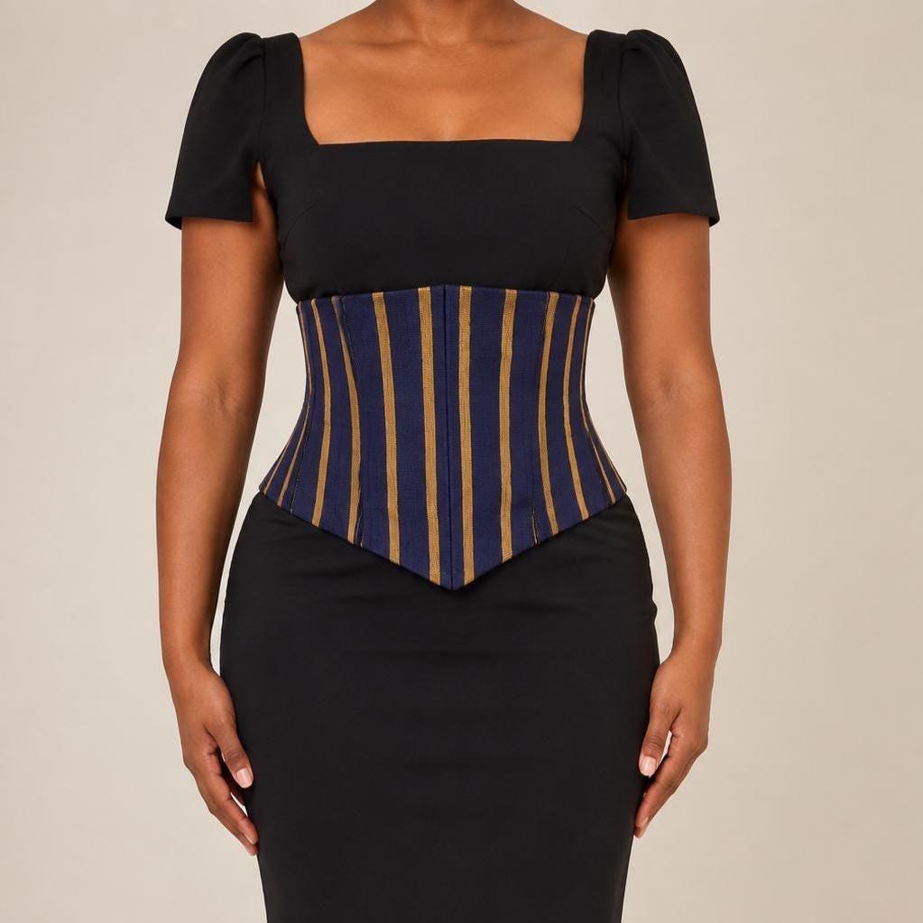Navy and mustard-gold Aso Oke corset belt with lace-up back, view 5