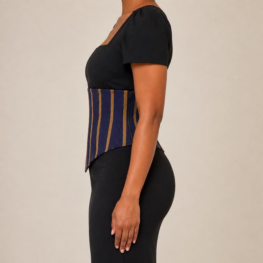 Navy and mustard-gold Aso Oke corset belt with lace-up back, view 6