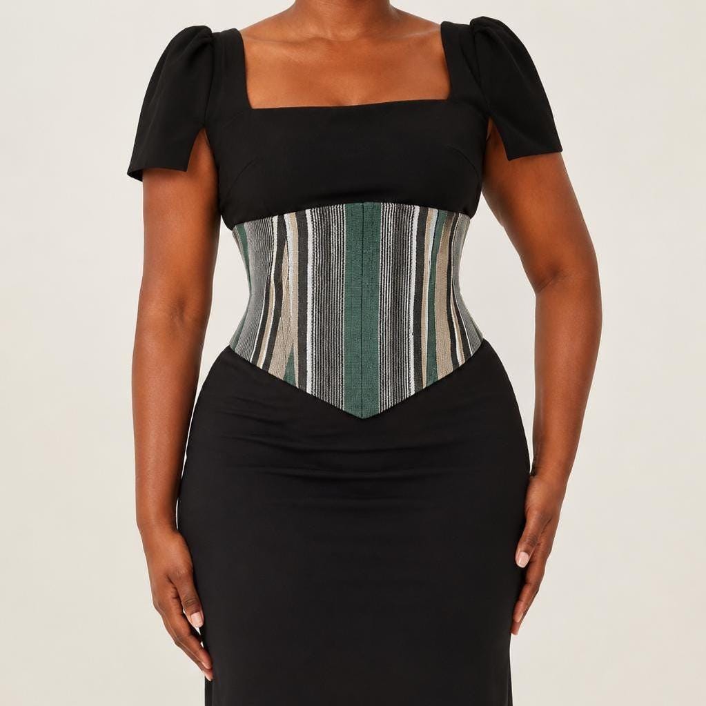 Black, white and green Aso Oke corset belt with lace-up back, view 2