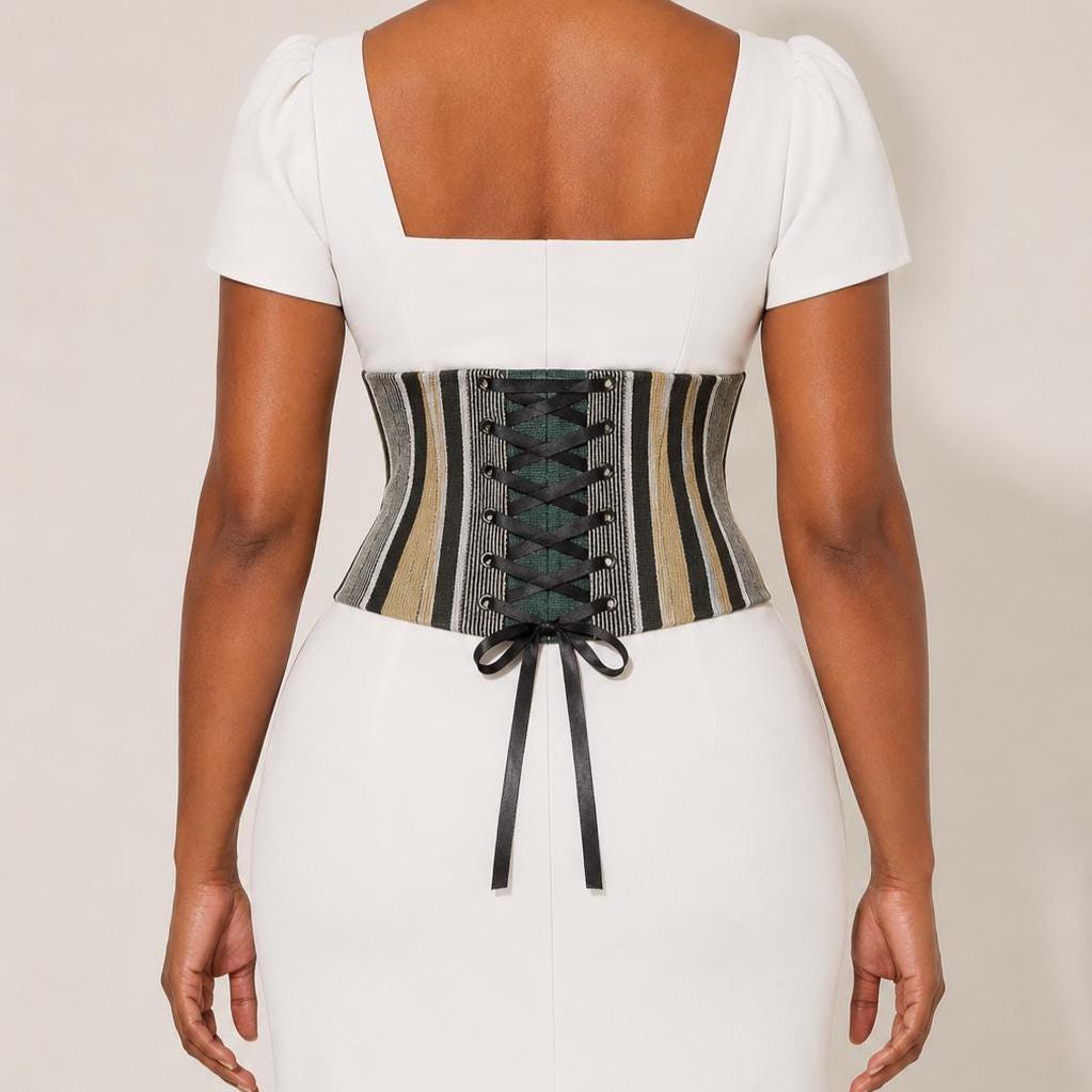 Black, white and green Aso Oke corset belt with lace-up back, view 3